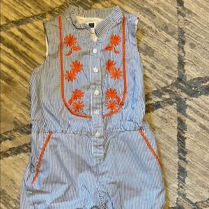 Janie and Jack Blue and White Striped Romper with Floral Embroidery
